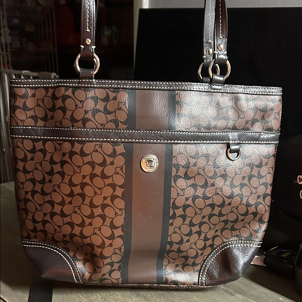 Coach Chelsea Heritage Signature Stripe tote bag in brown and black leather